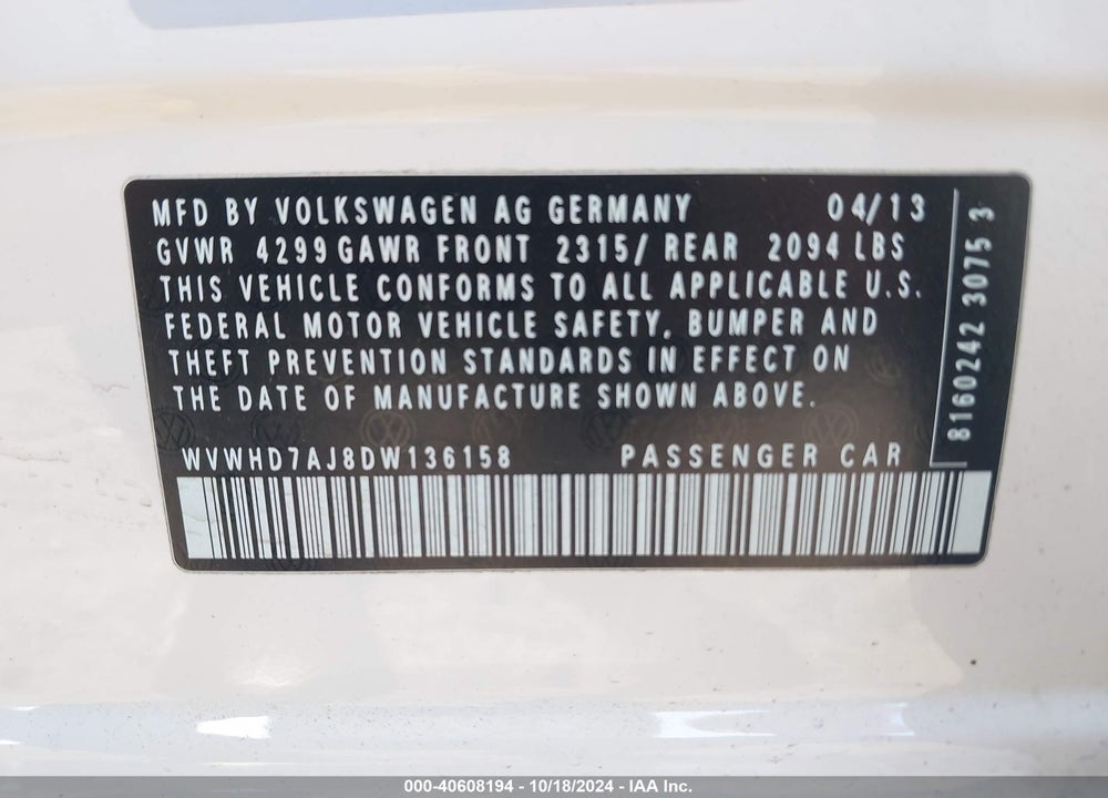 2013 VOLKSWAGEN GTI 4-DOOR/4-DOOR AUTOBAHN/DRIVERS EDITION/WOLFSBURG EDITION VIN: WVWHD7AJ8DW136158