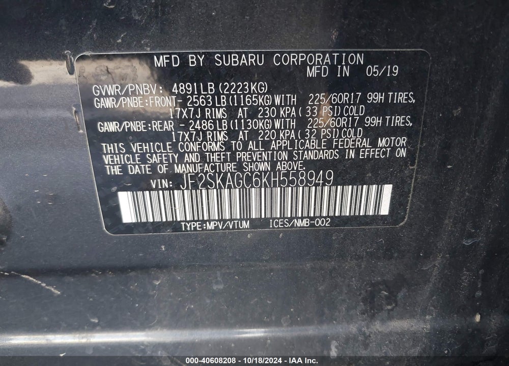 2019 SUBARU FORESTER PREMIUM VIN: JF2SKAGC6KH558949