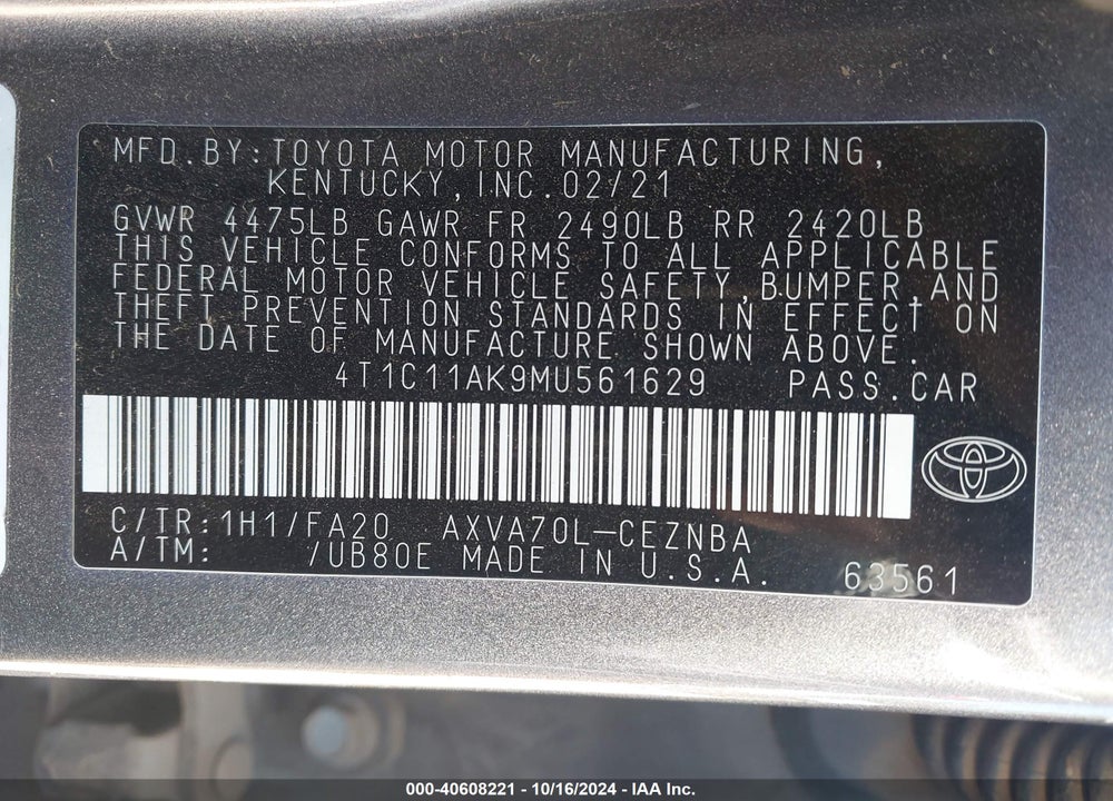 2021 TOYOTA CAMRY LE VIN: 4T1C11AK9MU561629