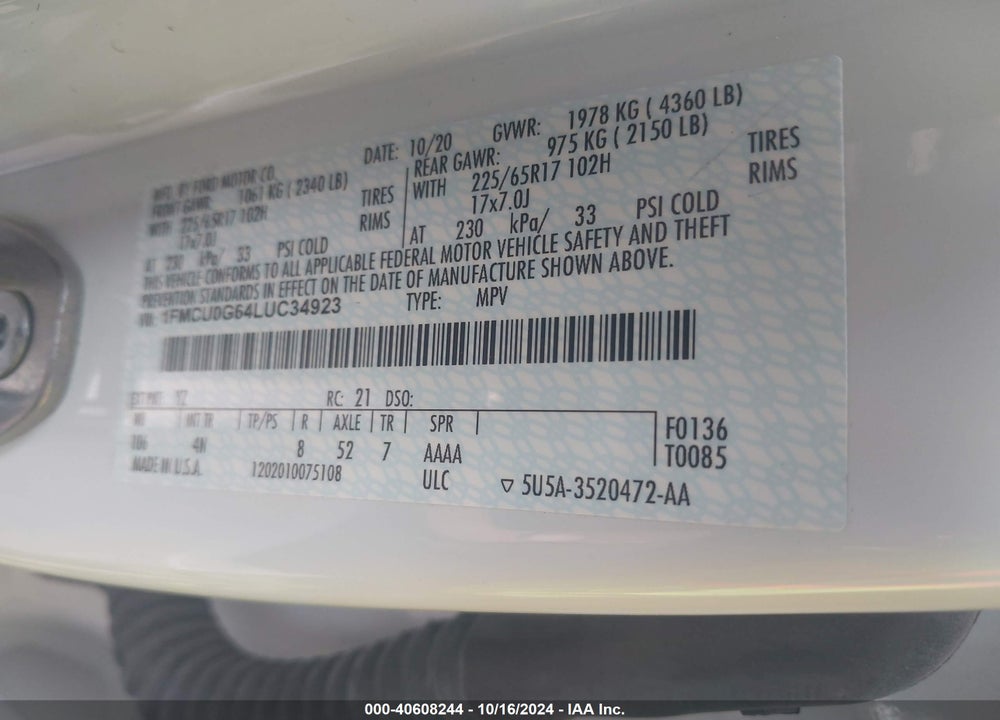 2020 FORD ESCAPE SE VIN: 1FMCU0G64LUC34923