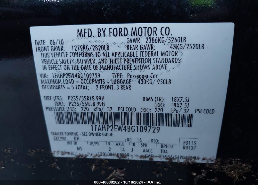 2011 FORD TAURUS SEL VIN: 1FAHP2EW4BG109729