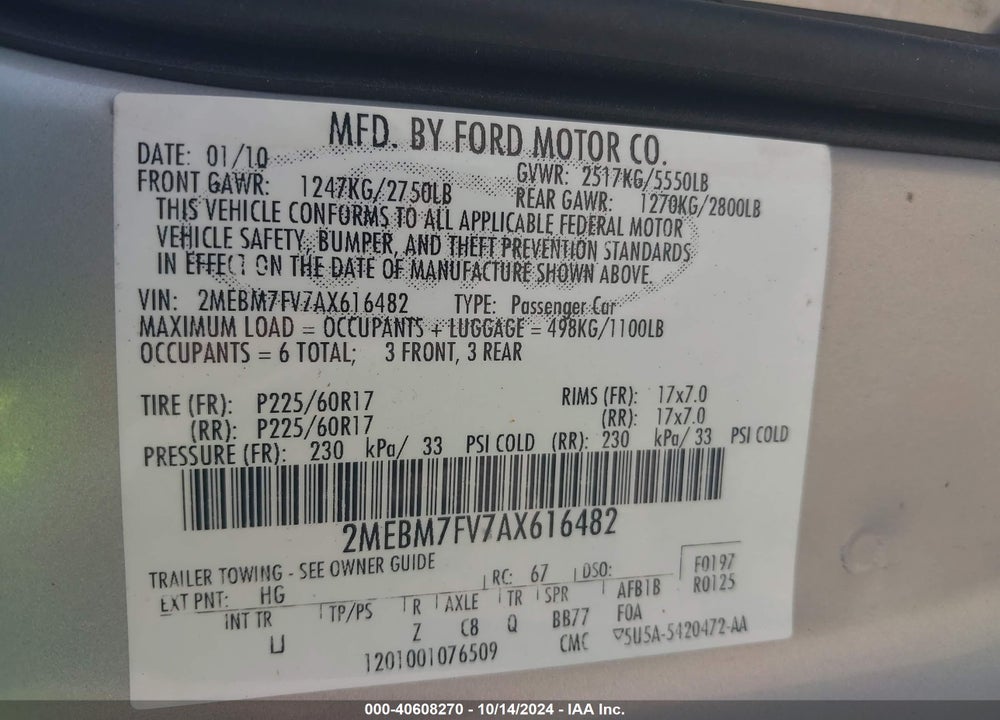2010 MERCURY GRAND MARQUIS LS (FLEET ONLY) VIN: 2MEBM7FV7AX616482