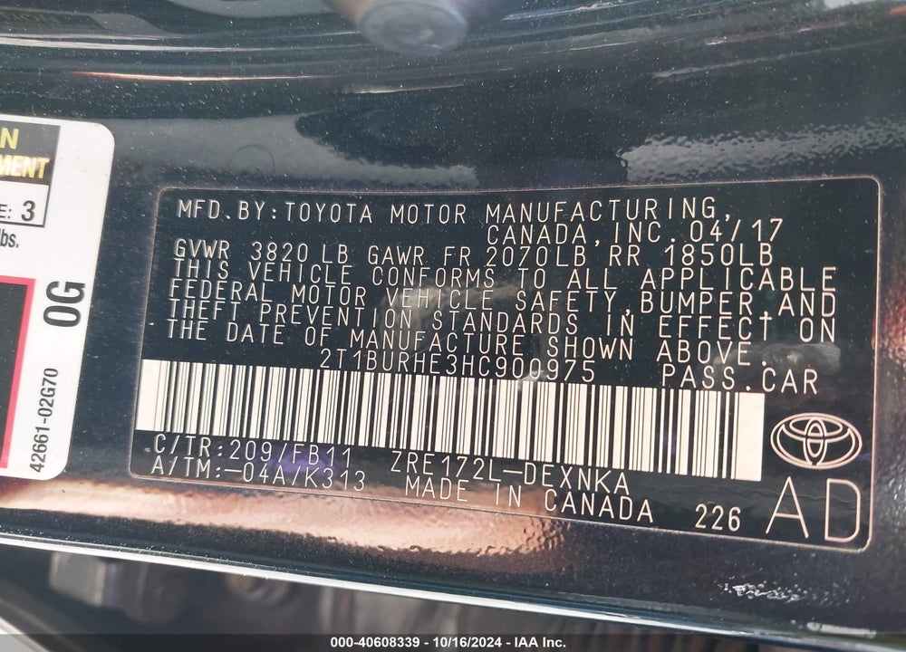 2017 TOYOTA COROLLA L/LE/XLE/SE/XSE VIN: 2T1BURHE3HC900975