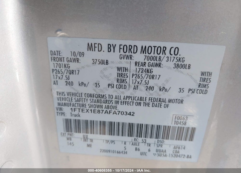 2010 FORD F-150 STX/XL/XLT VIN: 1FTEX1E87AFA70342