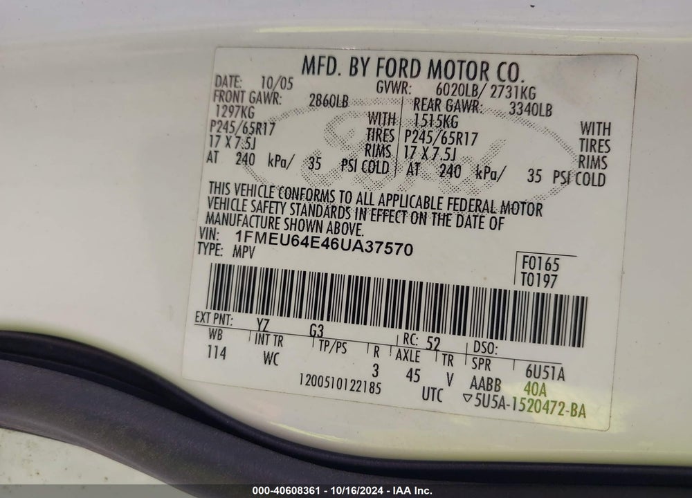 2006 FORD EXPLORER EDDIE BAUER VIN: 1FMEU64E46UA37570