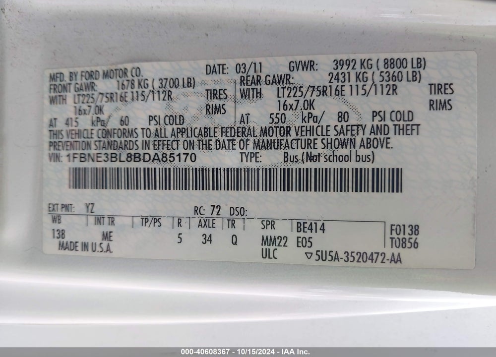 2011 FORD E-350 SUPER DUTY XLT VIN: 1FBNE3BL8BDA85170