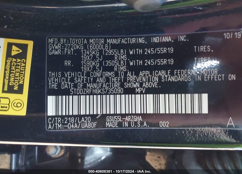 2019 TOYOTA HIGHLANDER LIMITED/PLATINUM VIN: 5TDDZRFH6KS735090