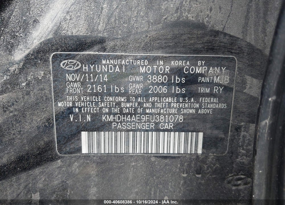 2015 HYUNDAI ELANTRA SE VIN: KMHDH4AE9FU381078