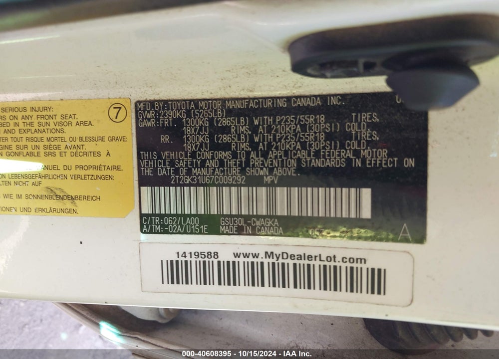 2007 LEXUS RX 350 BASE A5 VIN: 2T2GK31U67C009292