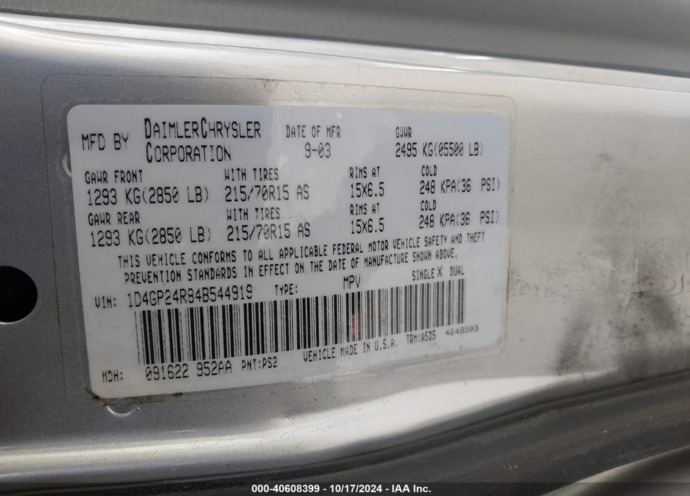 2004 DODGE GRAND CARAVAN SE VIN: 1D4GP24R84B544919