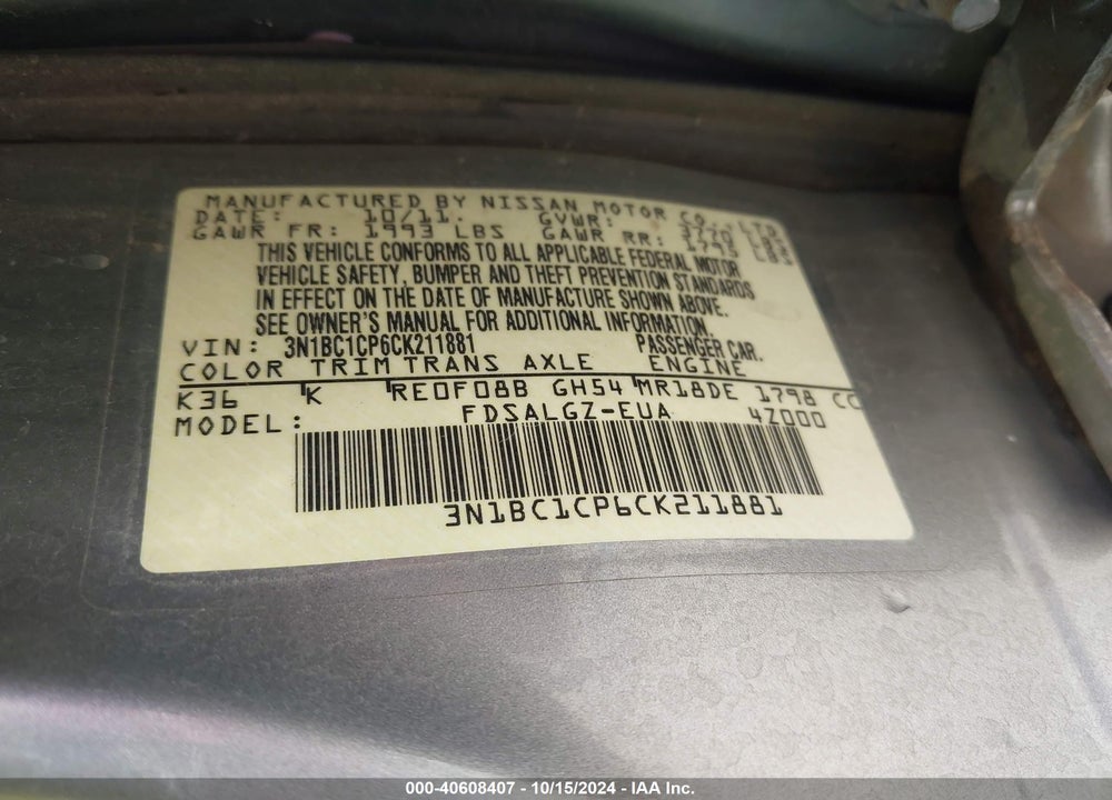 2012 NISSAN VERSA 1.8 SL VIN: 3N1BC1CP6CK211881