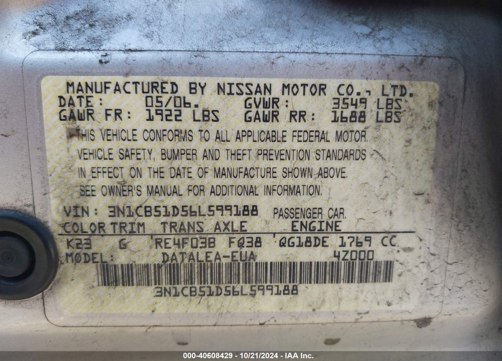2006 NISSAN SENTRA 1.8S VIN: 3N1CB51D56L599188