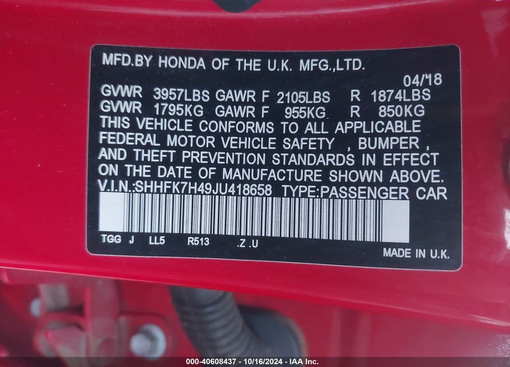 2018 HONDA CIVIC SPORT VIN: SHHFK7H49JU418658