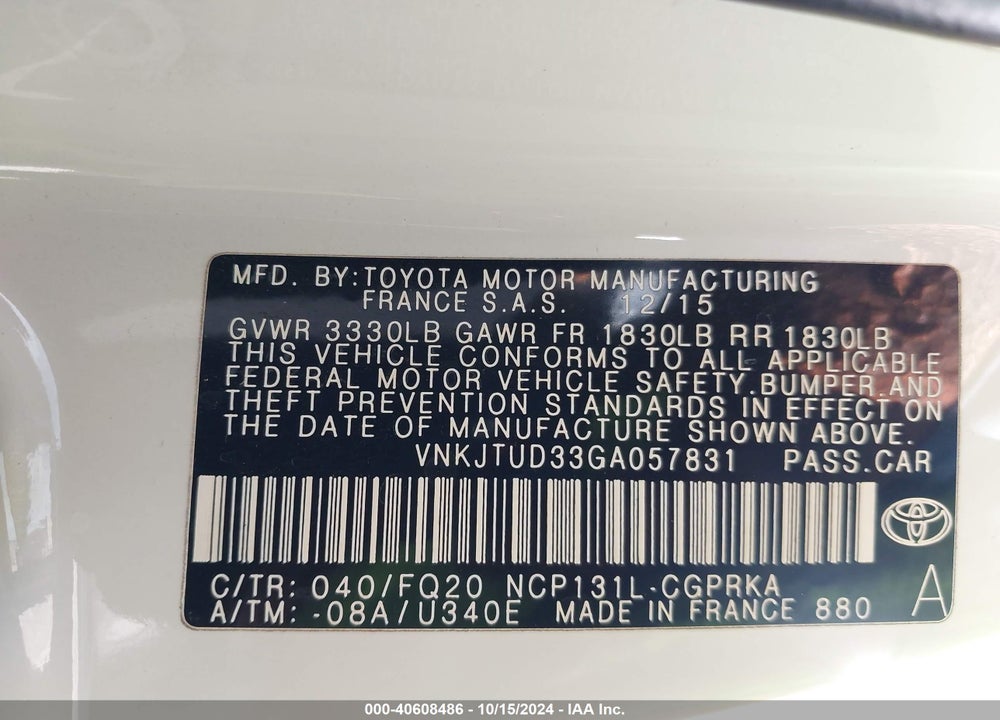2016 TOYOTA YARIS L VIN: VNKJTUD33GA057831
