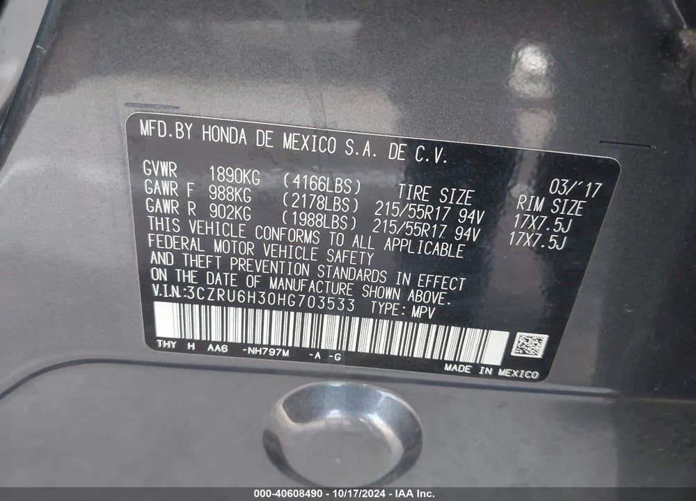 2017 HONDA HR-V LX VIN: 3CZRU6H30HG703533