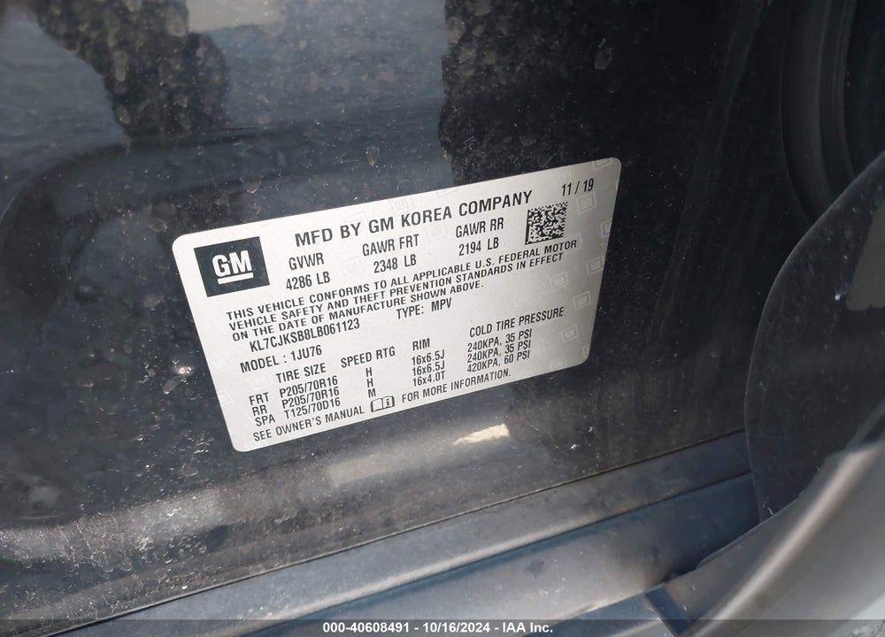 2020 CHEVROLET TRAX FWD LS VIN: KL7CJKSB8LB061123