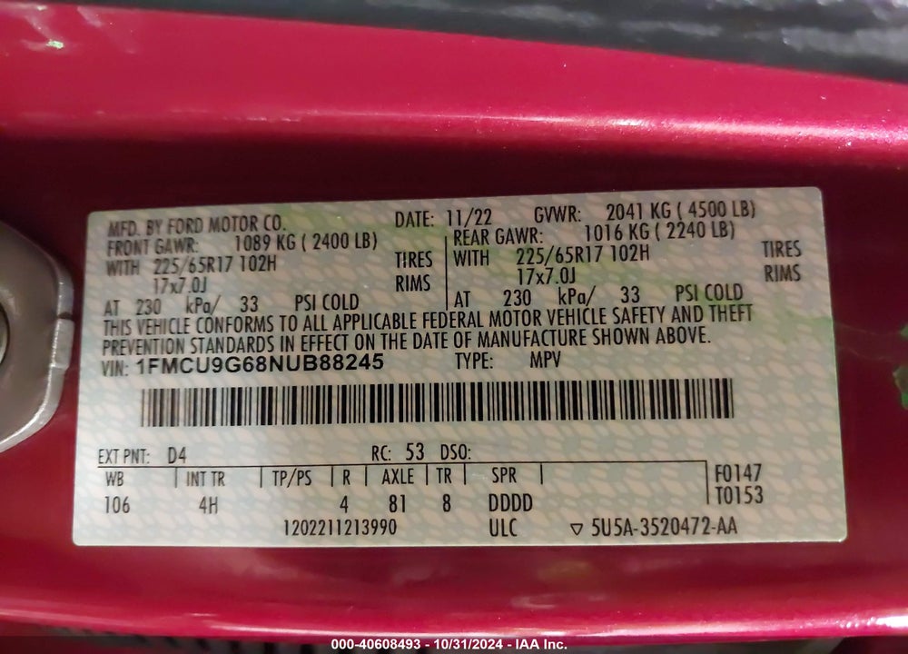 2022 FORD ESCAPE SE VIN: 1FMCU9G68NUB88245