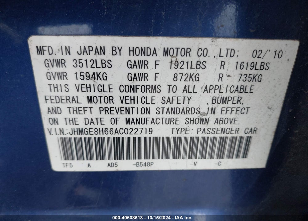 2010 HONDA FIT SPORT VIN: JHMGE8H66AC022719