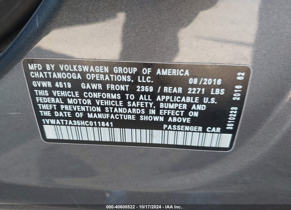 2017 VOLKSWAGEN PASSAT 1.8T S VIN: 1VWAT7A35HC011841