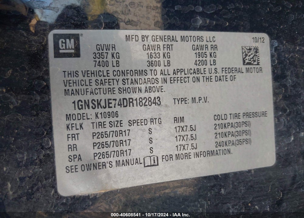 2013 CHEVROLET SUBURBAN 1500 LT VIN: 1GNSKJE74DR182843