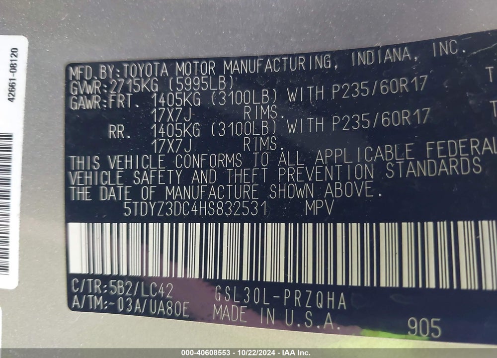 2017 TOYOTA SIENNA XLE 8 PASSENGER VIN: 5TDYZ3DC4HS832531