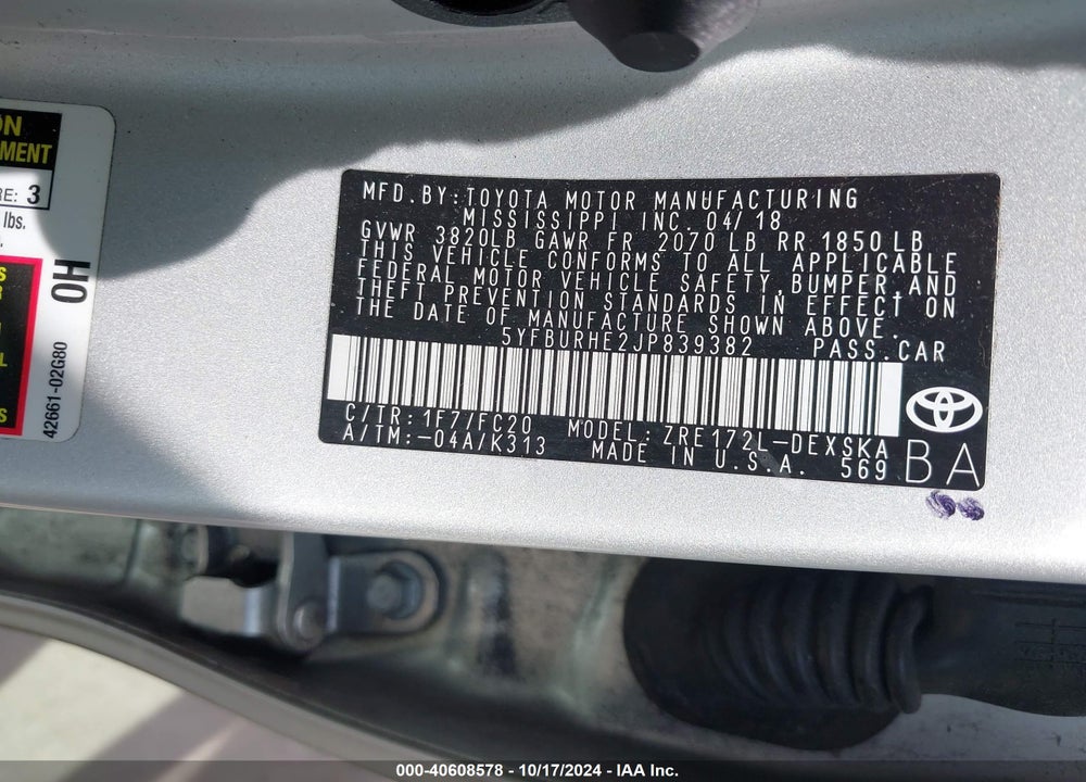 2018 TOYOTA COROLLA SE VIN: 5YFBURHE2JP839382