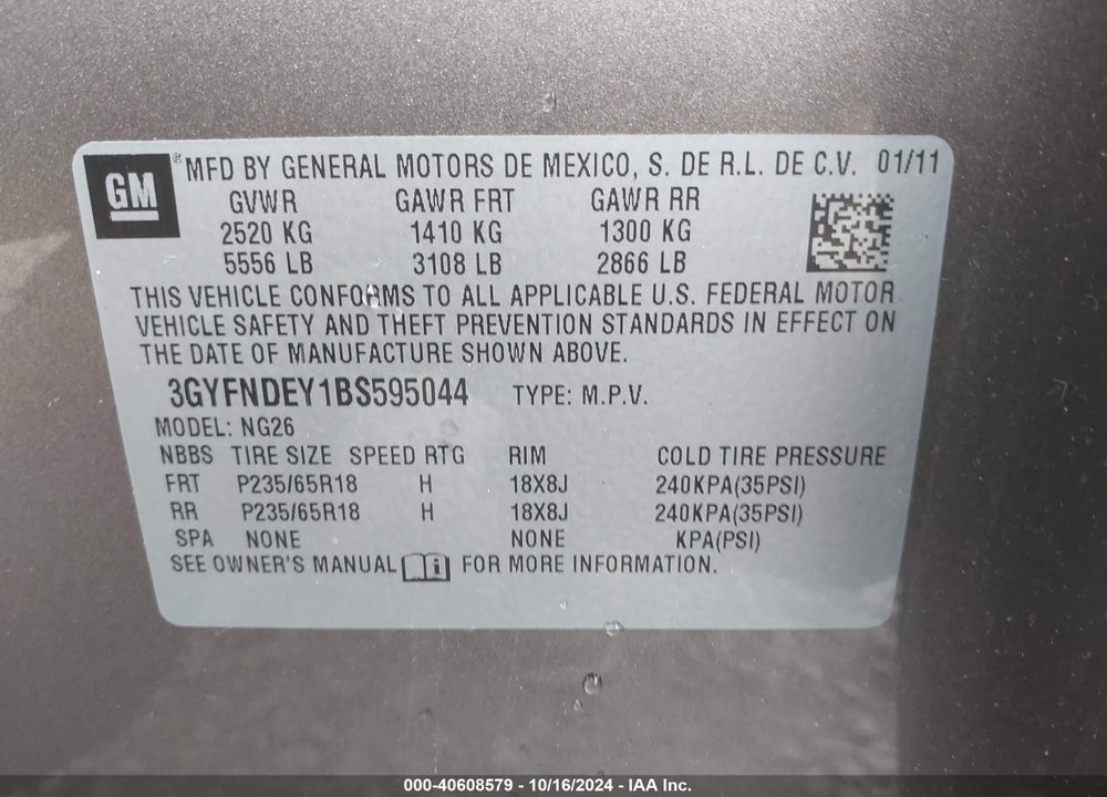 2011 CADILLAC SRX LUXURY COLLECTION VIN: 3GYFNDEY1BS595044