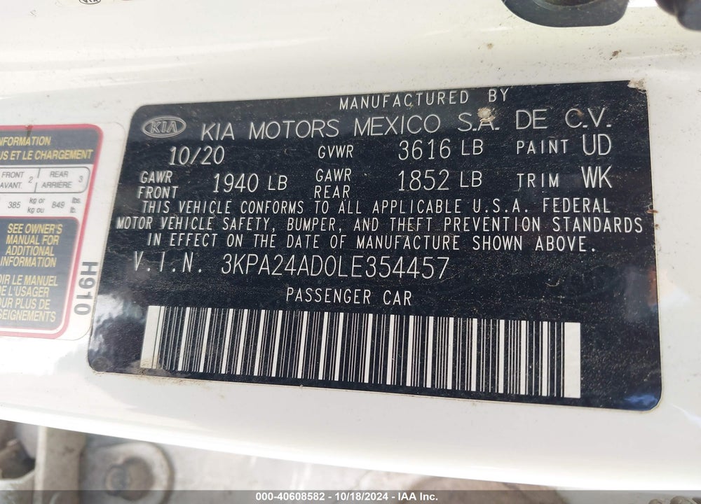 2020 KIA RIO LX VIN: 3KPA24AD0LE354457