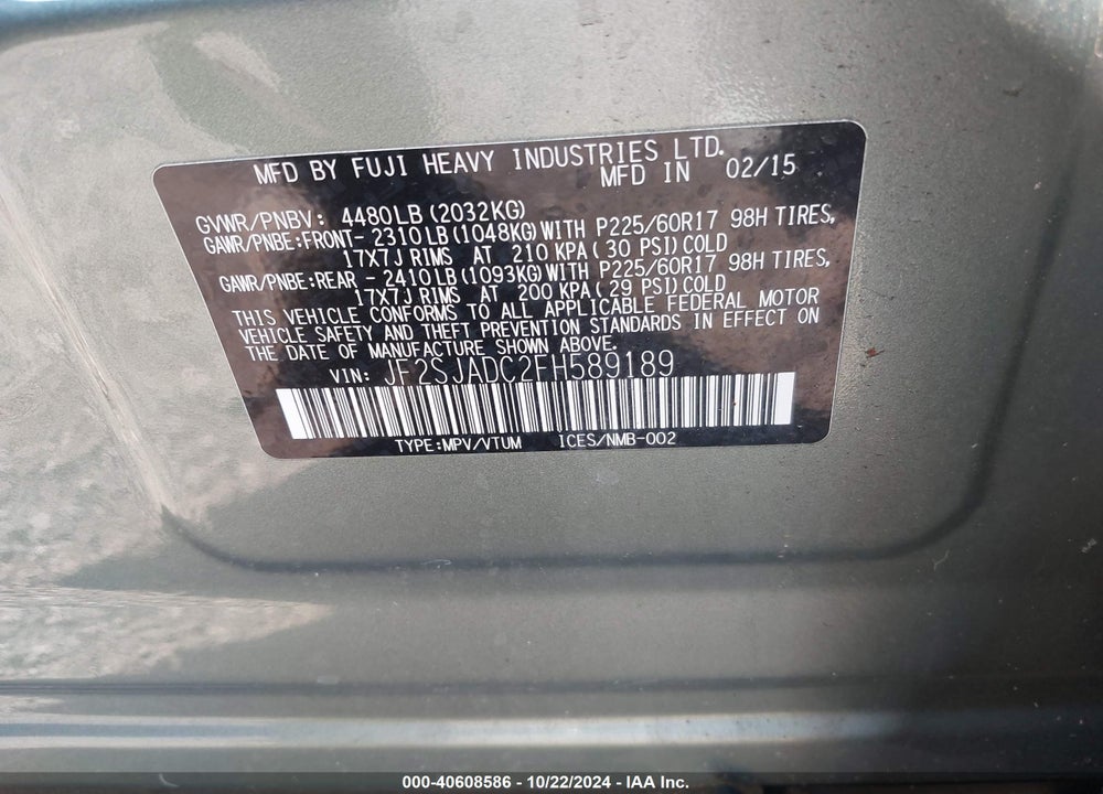 2015 SUBARU FORESTER 2.5I PREMIUM VIN: JF2SJADC2FH589189