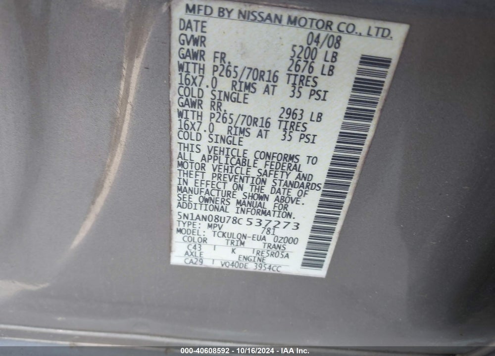 2008 NISSAN XTERRA X VIN: 5N1AN08U78C537273