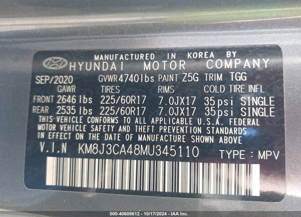 2021 HYUNDAI TUCSON VALUE VIN: KM8J3CA48MU345110