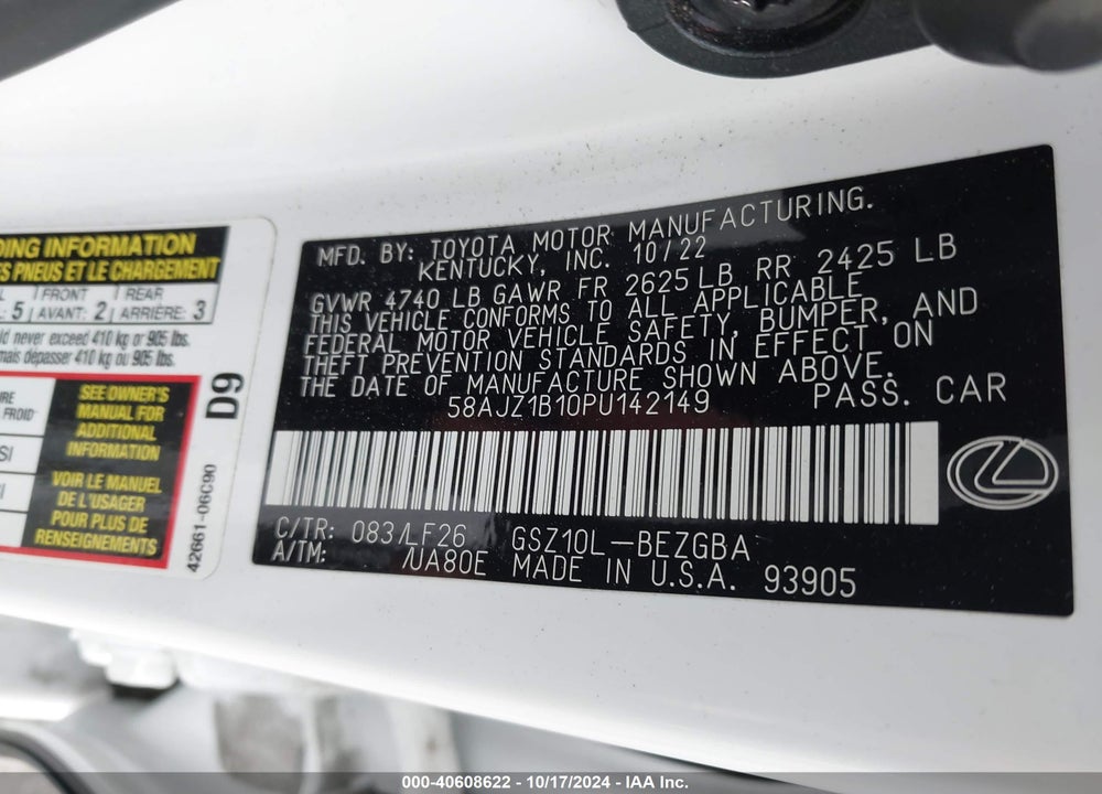 2023 LEXUS ES 350 F-SPORT HANDLING VIN: 58AJZ1B10PU142149
