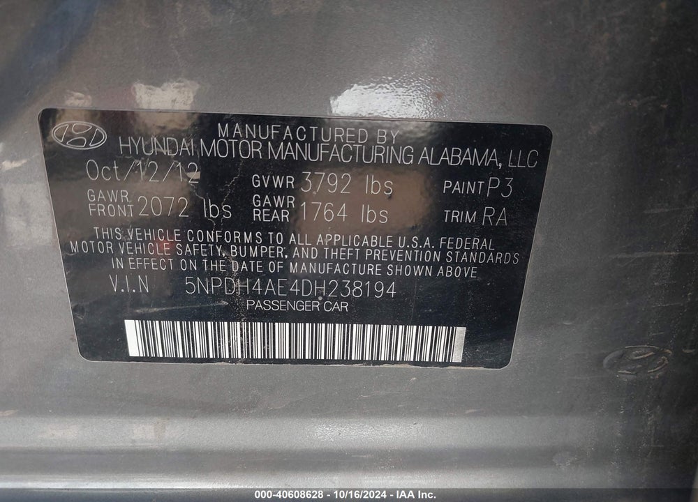 2013 HYUNDAI ELANTRA GLS VIN: 5NPDH4AE4DH238194
