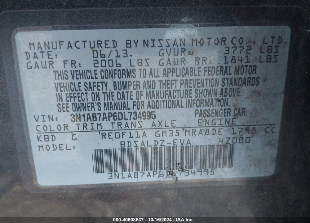 2013 NISSAN SENTRA VIN: 3N1AB7AP6DL734995