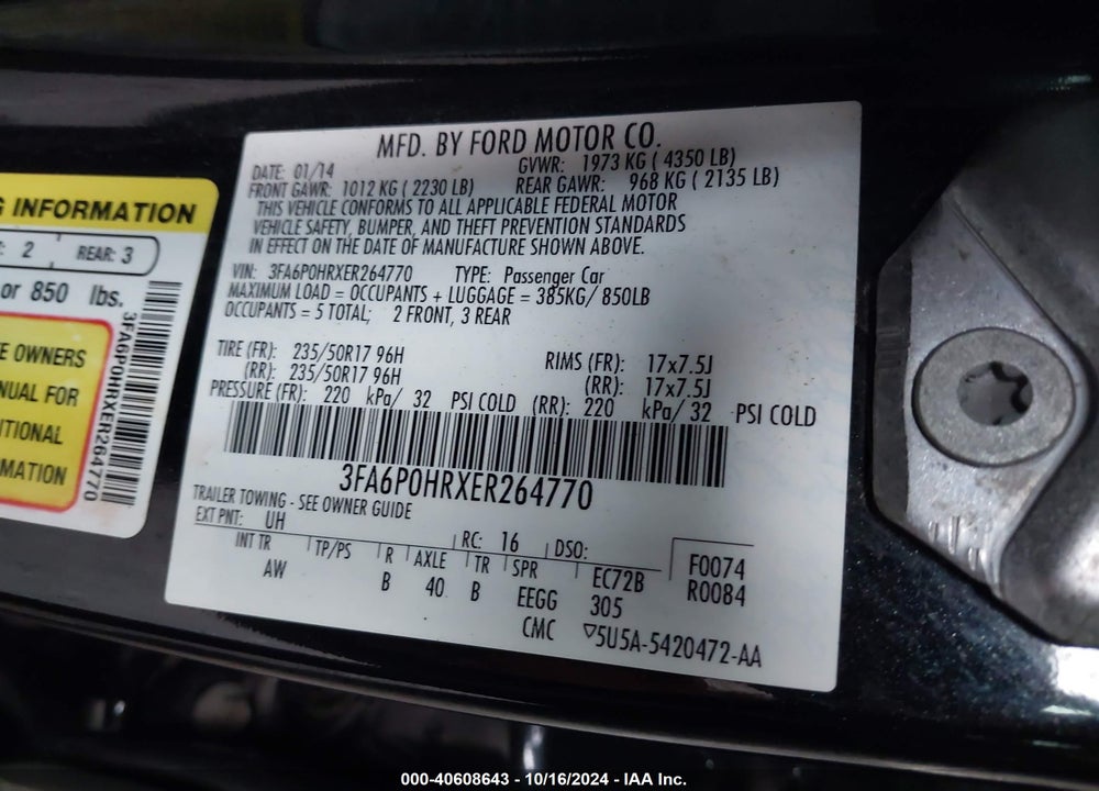 2014 FORD FUSION SE VIN: 3FA6P0HRXER264770