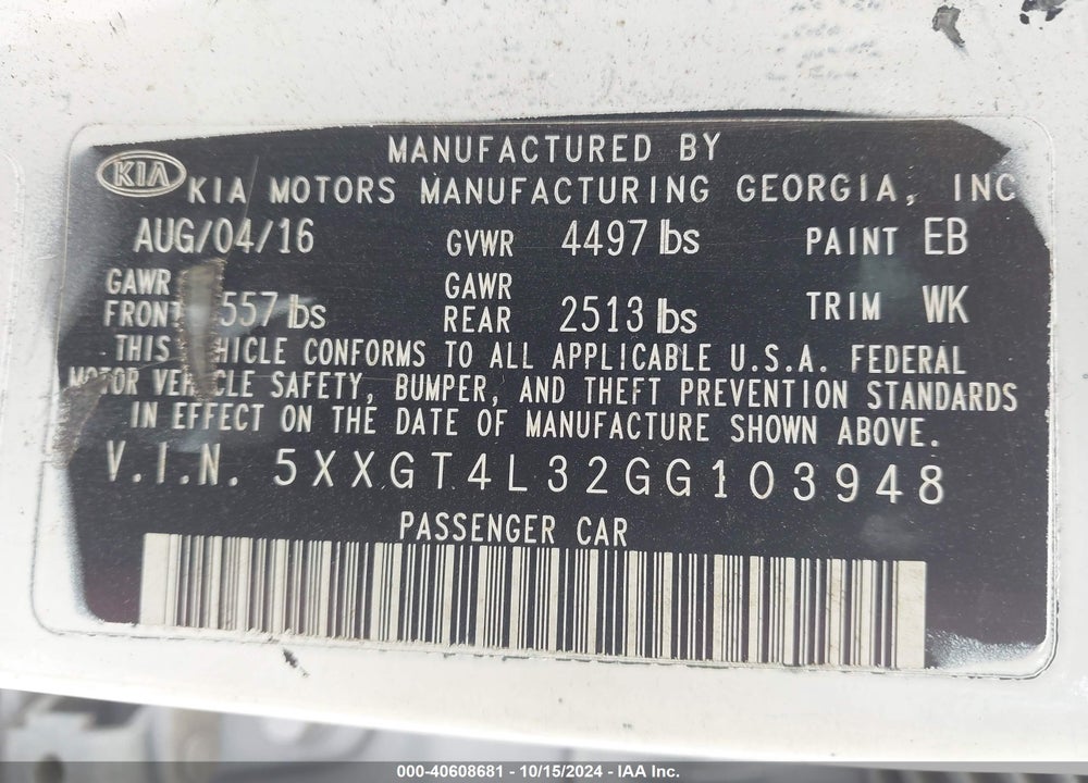 2016 KIA OPTIMA LX VIN: 5XXGT4L32GG103948