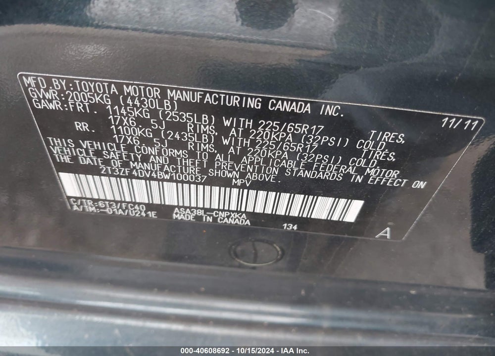 2011 TOYOTA RAV4 VIN: 2T3ZF4DV4BW100037