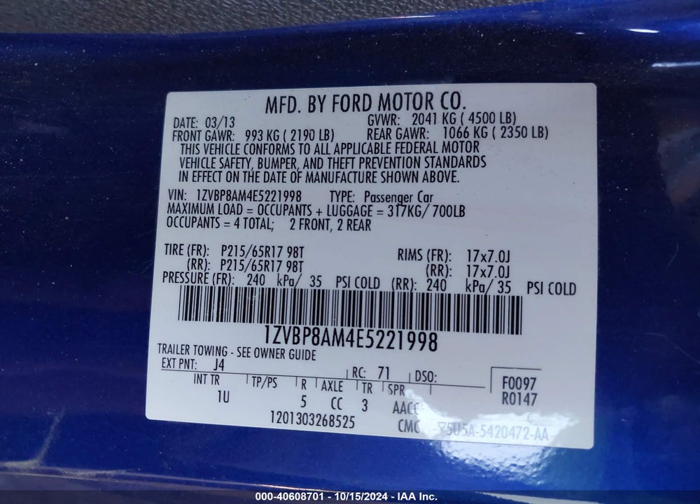 2014 FORD MUSTANG V6 VIN: 1ZVBP8AM4E5221998