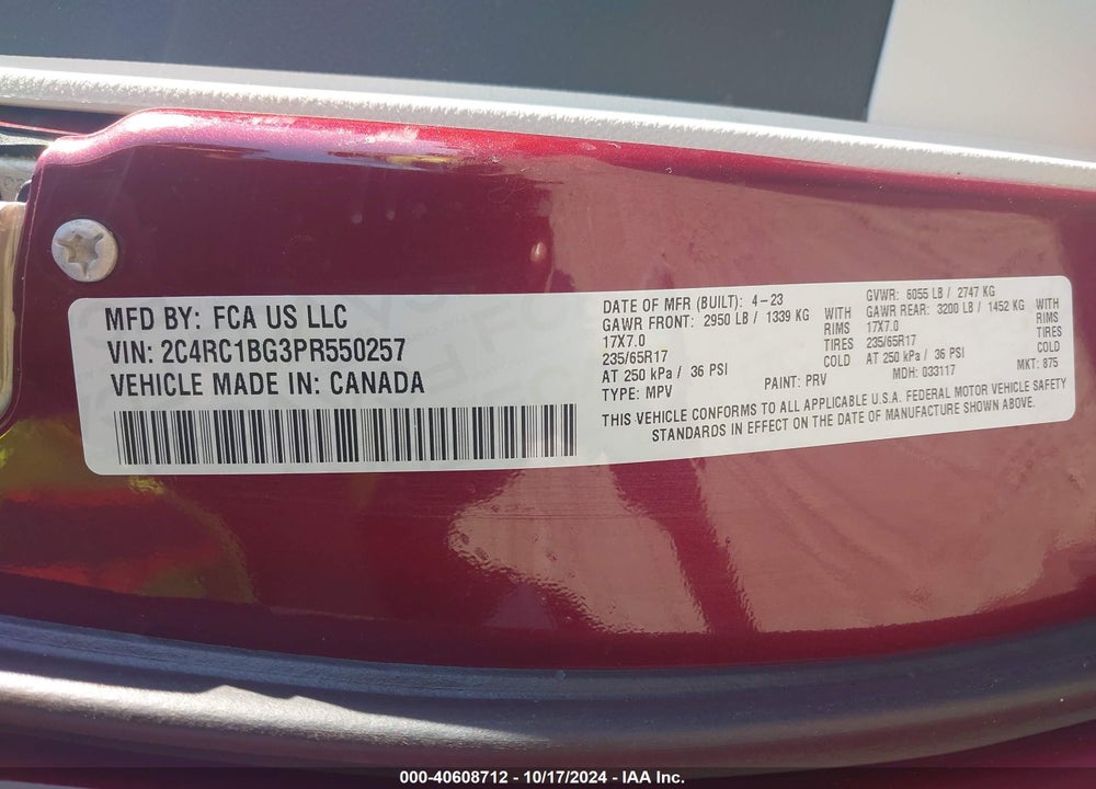 2023 CHRYSLER PACIFICA TOURING L VIN: 2C4RC1BG3PR550257