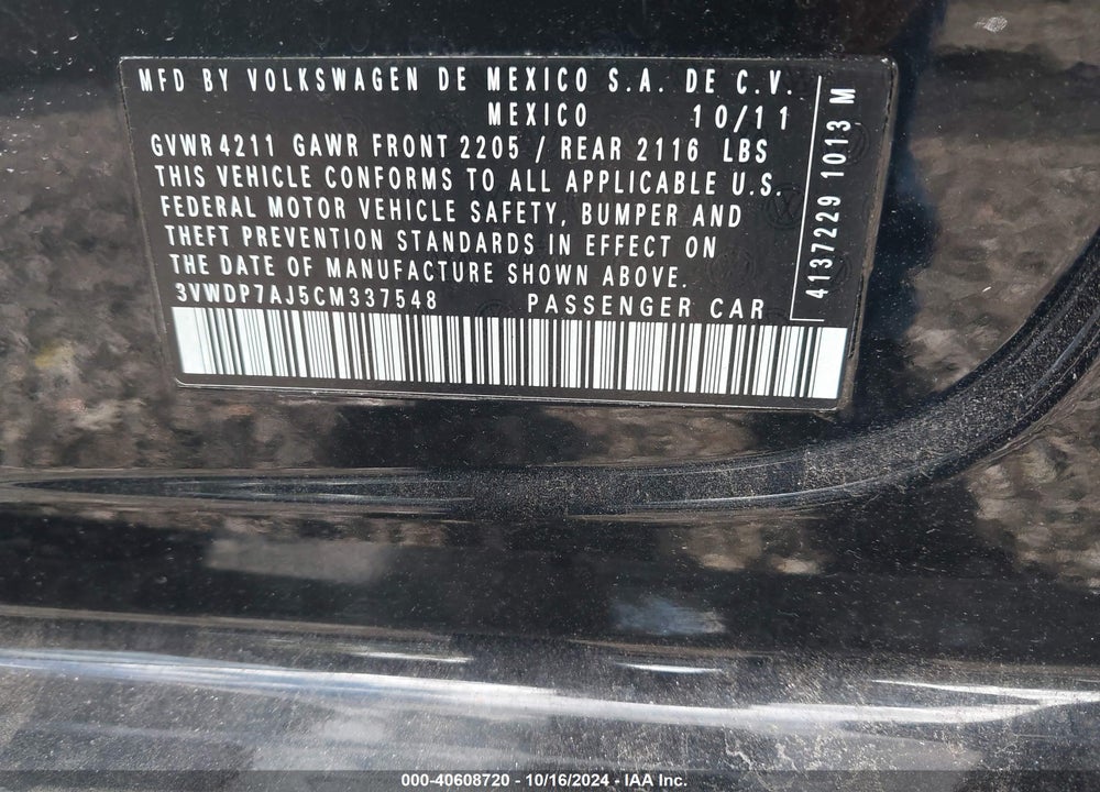 2012 VOLKSWAGEN JETTA 2.5L SE VIN: 3VWDP7AJ5CM337548