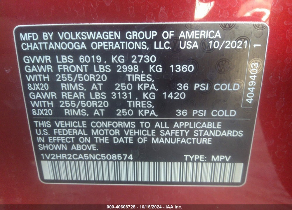2022 VOLKSWAGEN ATLAS 3.6L V6 SE W/TECHNOLOGY VIN: 1V2HR2CA5NC508574
