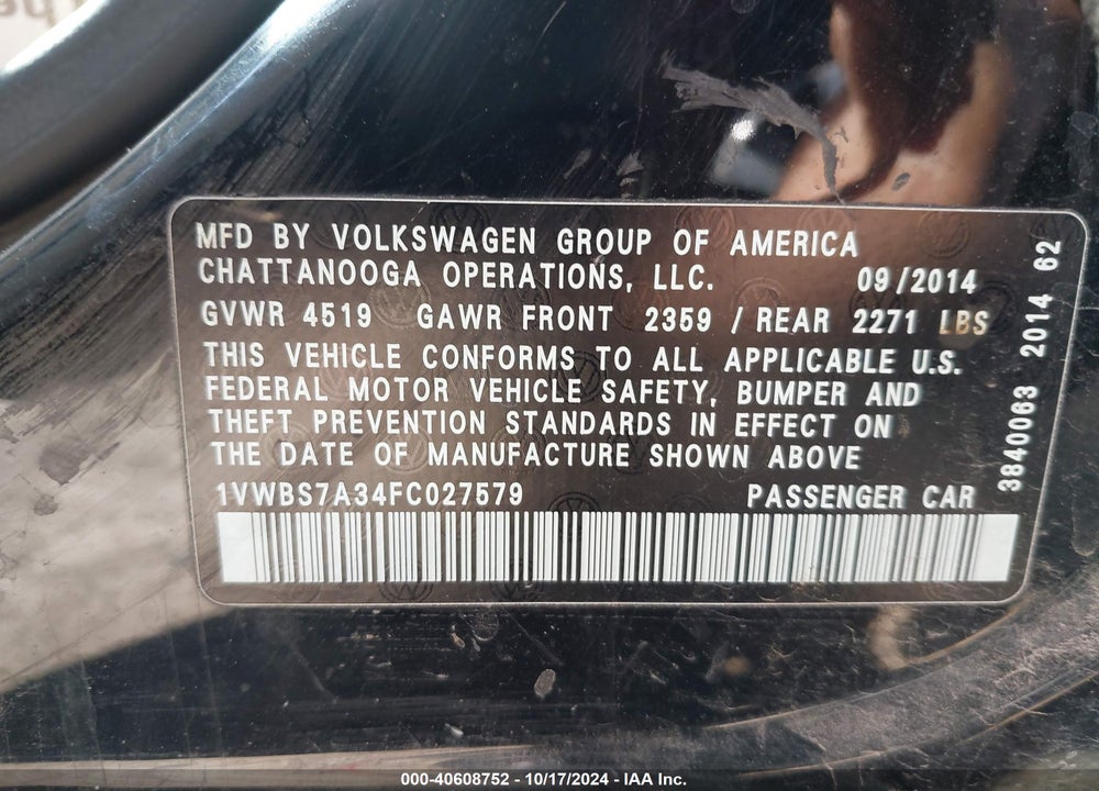 2015 VOLKSWAGEN PASSAT 1.8T SE VIN: 1VWBS7A34FC027579