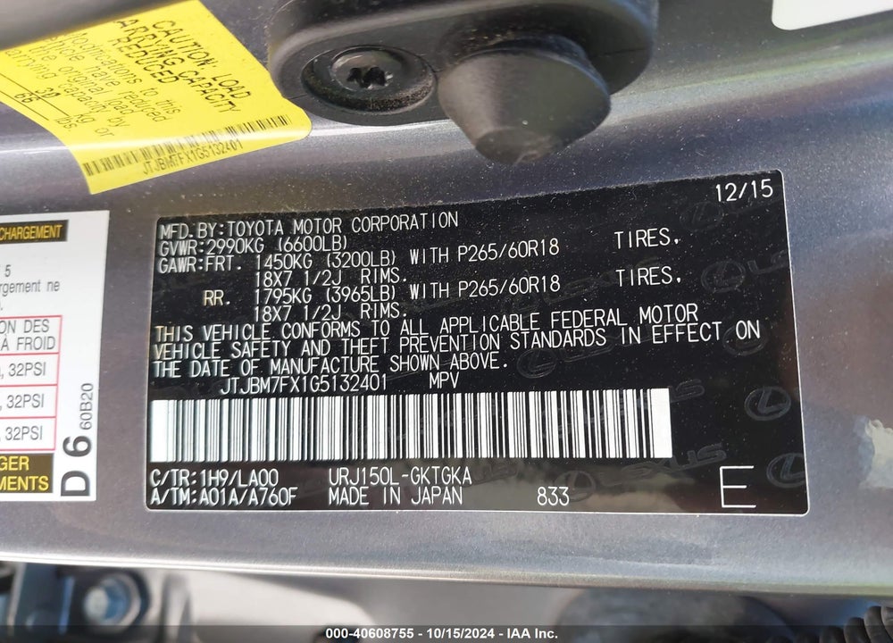2016 LEXUS 460 VIN: JTJBM7FX1G5132401