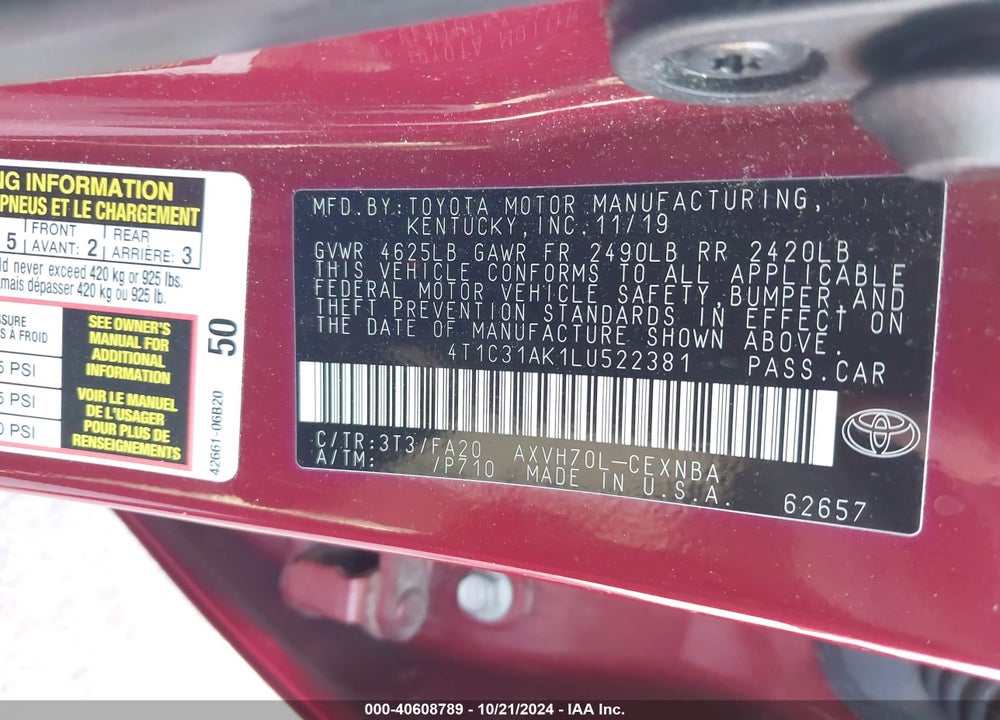 2020 TOYOTA CAMRY LE HYBRID VIN: 4T1C31AK1LU522381