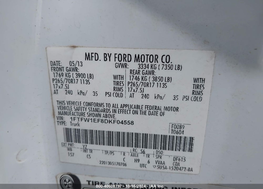 2013 FORD F-150 XL VIN: 1FTFW1EF8DKF04558