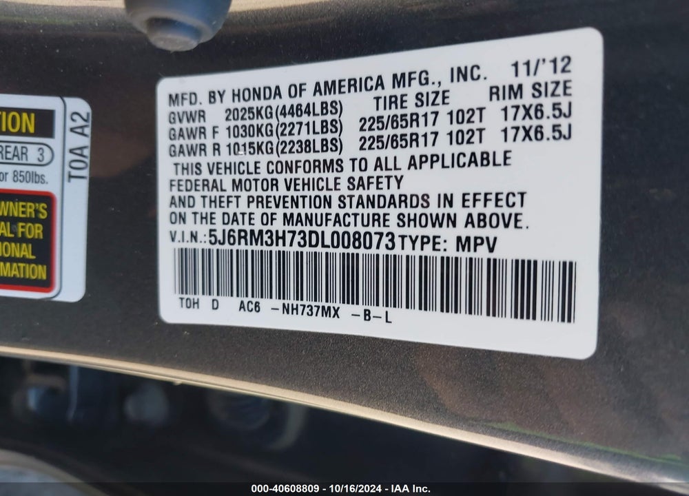 2013 HONDA CR-V EX-L VIN: 5J6RM3H73DL008073