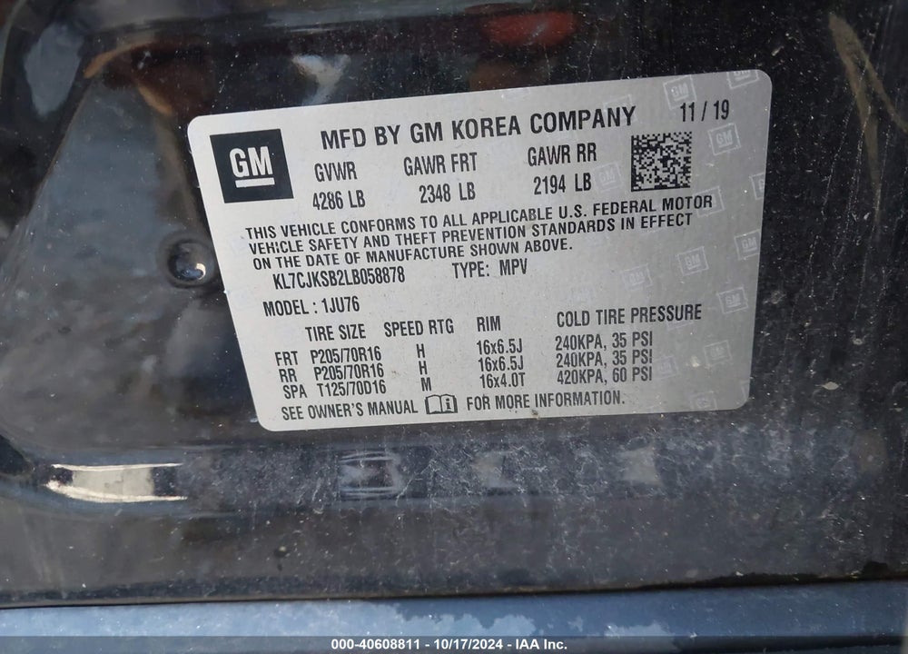 2020 CHEVROLET TRAX FWD LS VIN: KL7CJKSB2LB058878