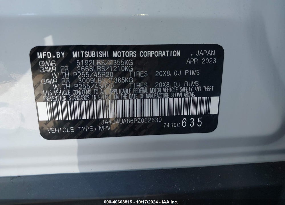 2023 MITSUBISHI OUTLANDER VIN: JA4J4UA86PZ052639