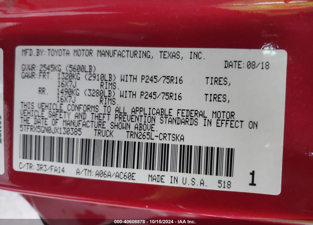 2018 TOYOTA TACOMA SR VIN: 5TFRX5GN0JX130385