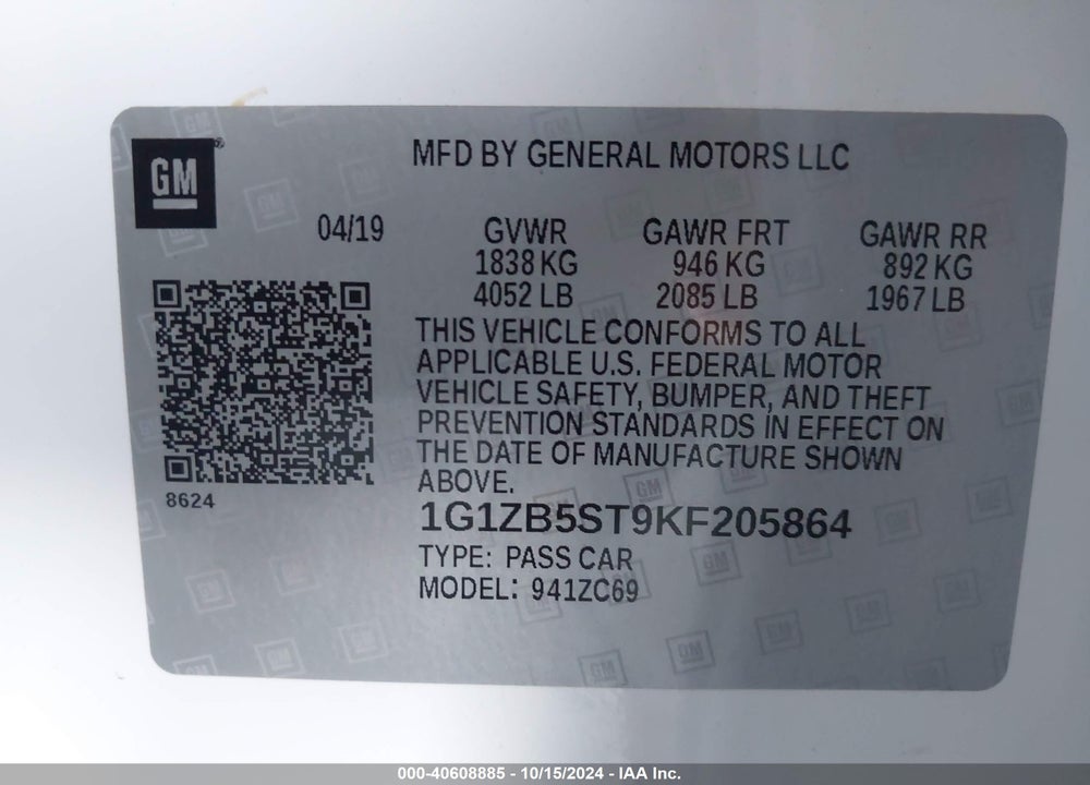 2019 CHEVROLET MALIBU 1LS VIN: 1G1ZB5ST9KF205864